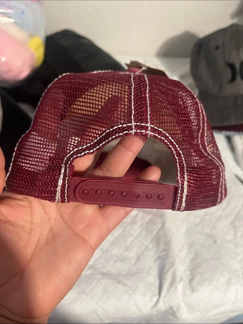 Vintage Billabong Maroon and Cream Geometric Logo Trucker Hat